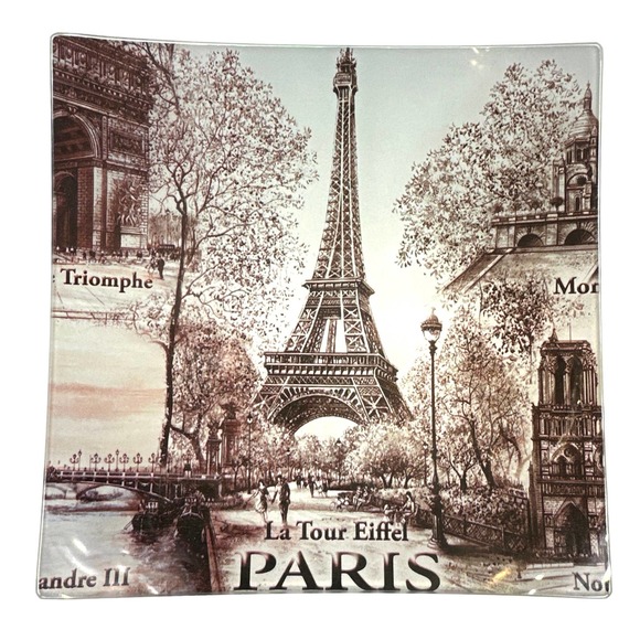 Glass Jewelry Dish, Eiffel Tower Paris France Trinket Tray Soap, Vanity Catchall - Picture 1 of 4